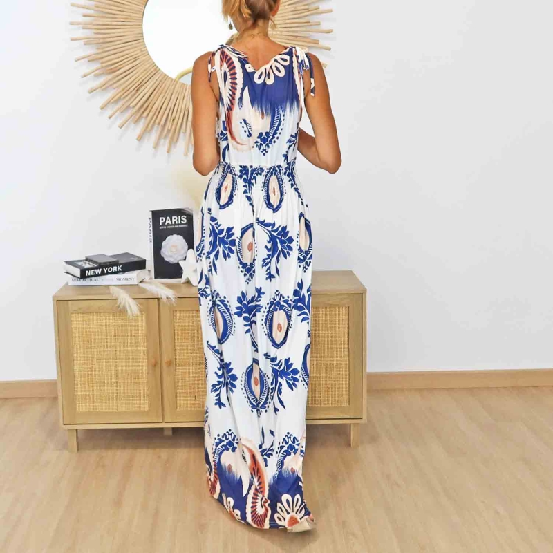 Robe longue blanche imprimé bleu et terracotta