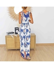 Robe longue blanche imprimé bleu et terracotta