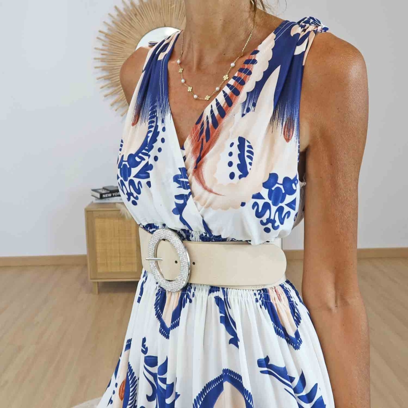 Robe bohème chic bleu et blanc femme