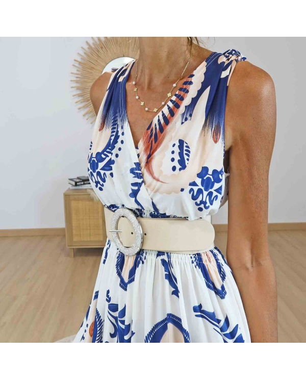 Robe bohème chic bleu et blanc femme