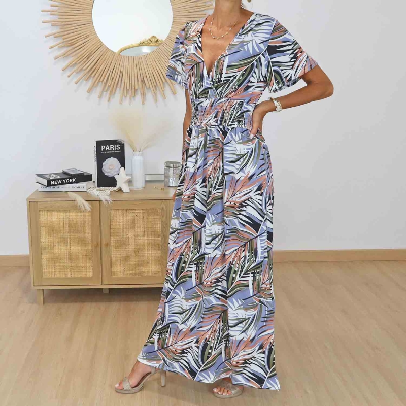 Robe longue imprimé feuillage pastel femme