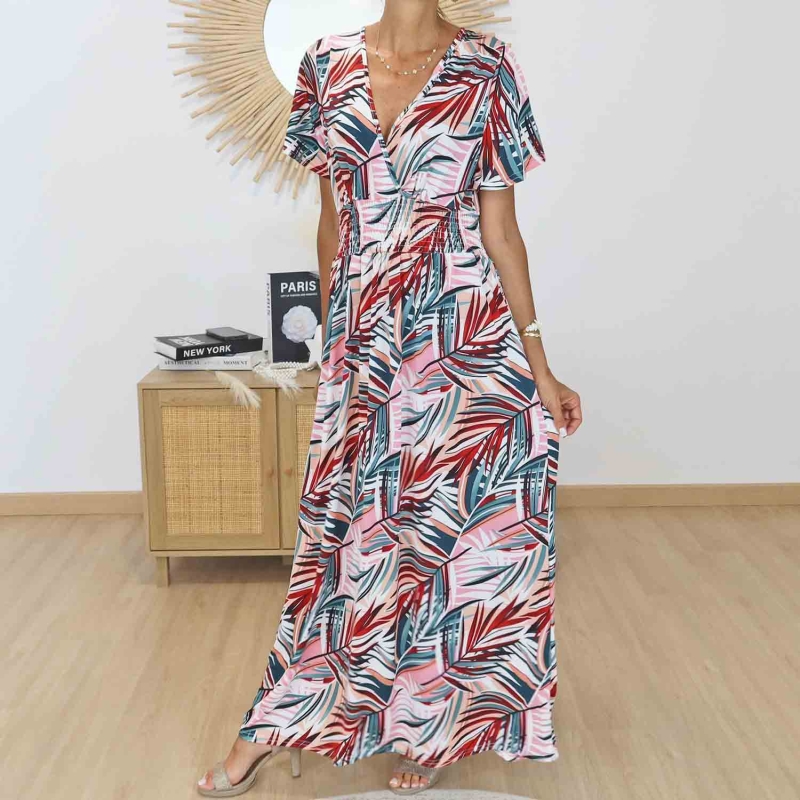 Robe longue imprimé tropical rose corail