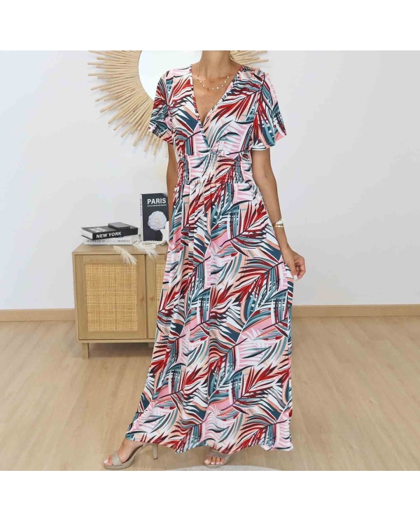 Robe longue imprimé tropical rose corail