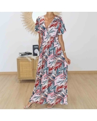 Robe longue imprimé tropical rose corail