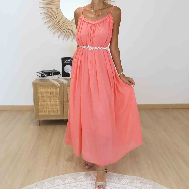 Robe longue coton corail avec ceinture Infini