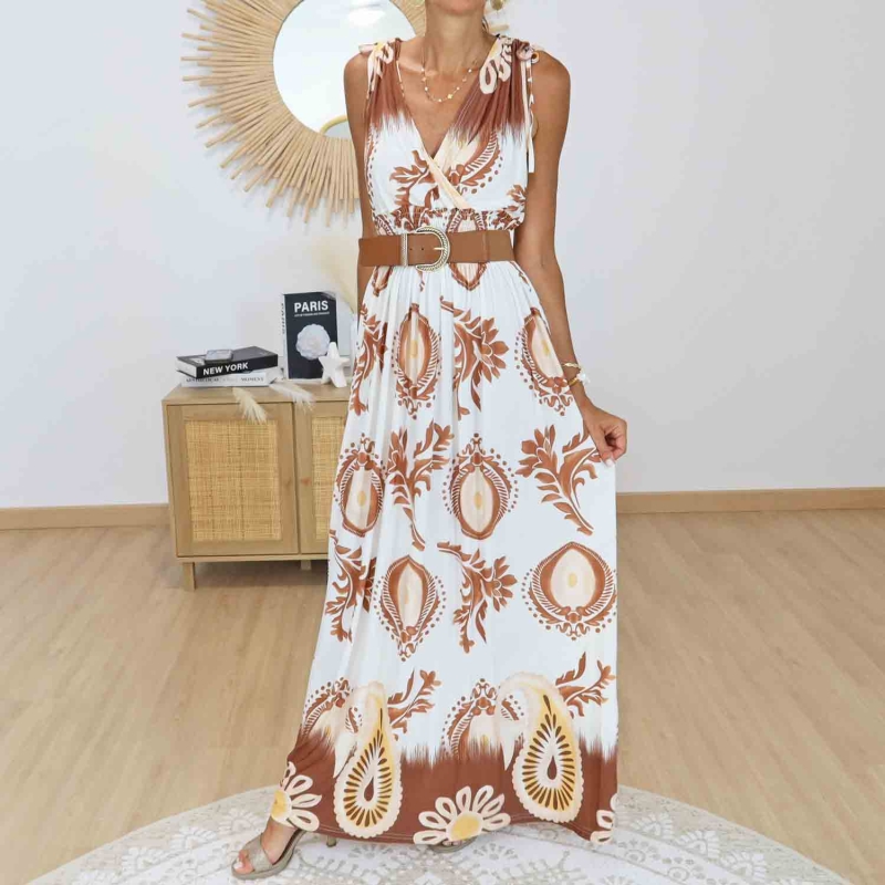 Robe bohème chic caramel à épaules nouées