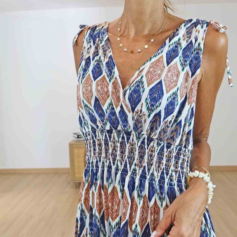 Robe magique Naïa imprimé bleu marine et terracotta