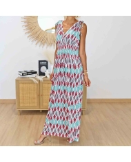 Robe bohème longue imprimée bordeaux et vert d'eau
