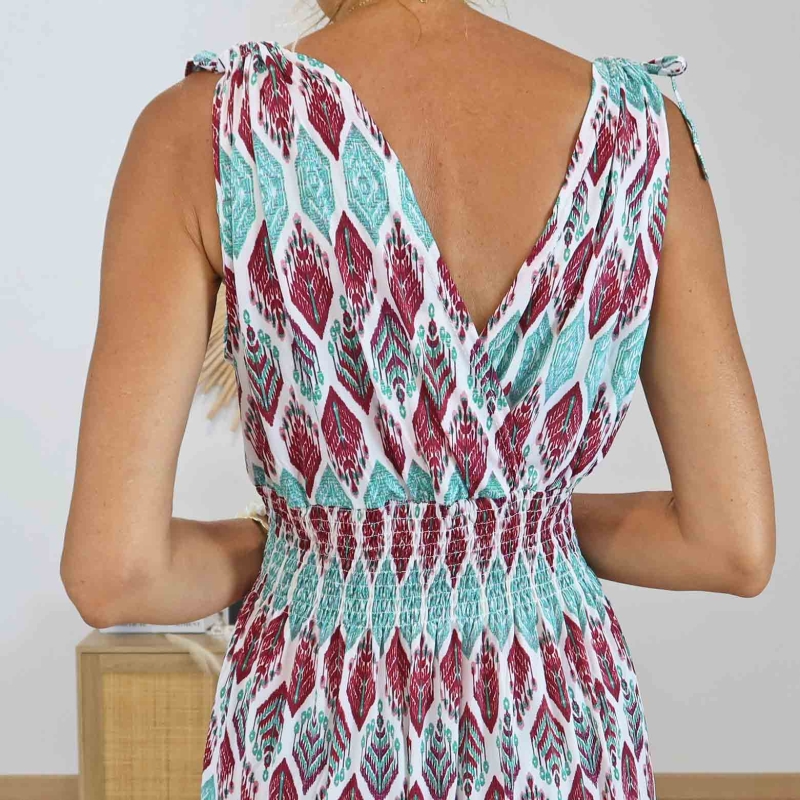 Robe bohème longue imprimée bordeaux et vert d'eau