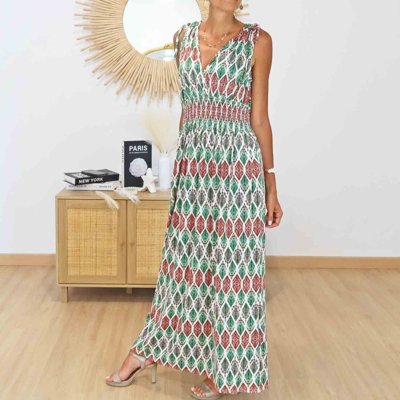 Robe magique longue Naïa verte imprimé bohème face