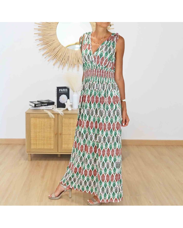 Robe magique longue Naïa verte imprimé bohème face
