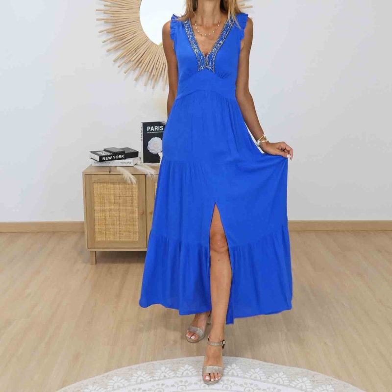 Robe longue ISIS bleu royal vue de dos