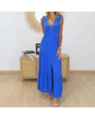 Robe de cérémonie bleu royal femme avec décolleté perlé et fente devant