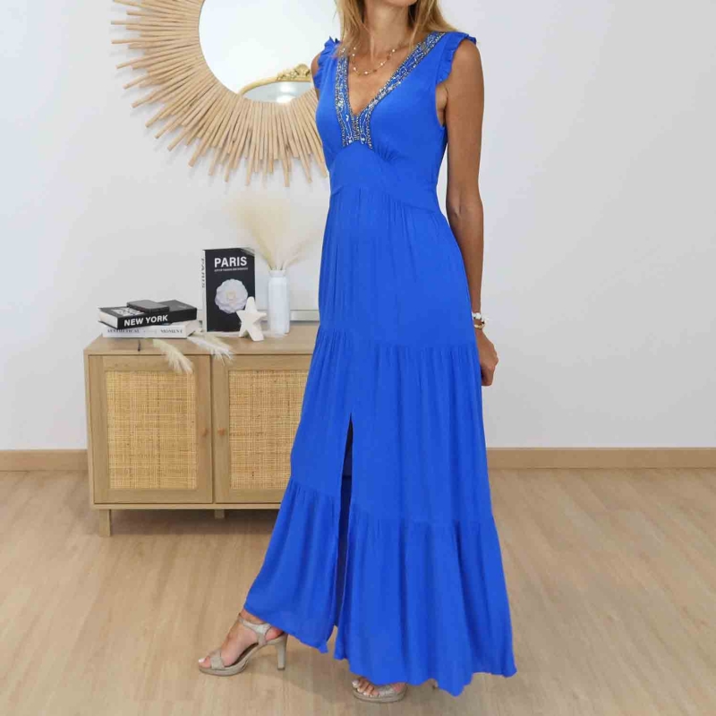 Robe longue ISIS bleu royal avec fente élégante