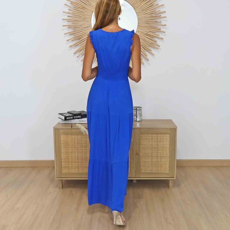 Vue de profil de la robe longue ISIS en viscose bleu royal pour femme