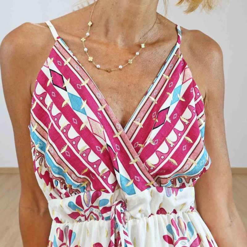 Robe longue Giulia fuchsia en viscose avec décolleté croisé et détails dorés