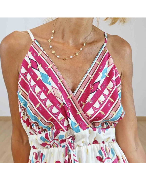 Robe longue Giulia fuchsia en viscose avec décolleté croisé et détails dorés