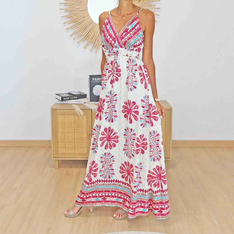 Robe bohème femme Giulia rose fuchsia à bretelles réglables