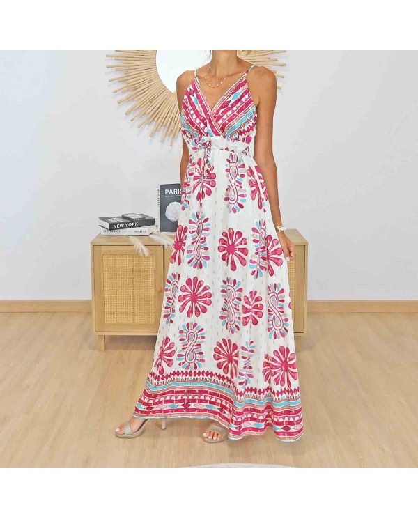 Robe bohème femme Giulia rose fuchsia à bretelles réglables