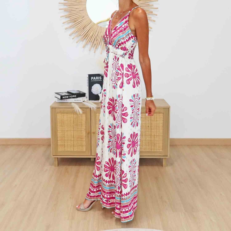 Robe longue fluide Giulia en viscose imprimée bohème rose et bleu