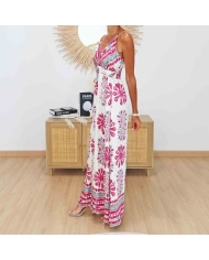 Robe longue fluide Giulia en viscose imprimée bohème rose et bleu