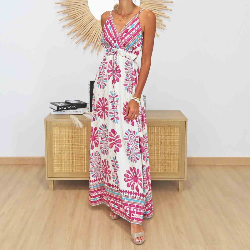 Robe longue d'été Giulia imprimée fuchsia idéale pour vacances et cérémonie