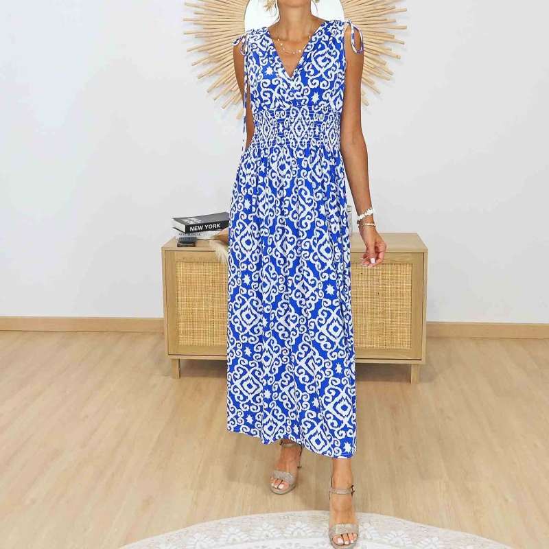 Robe longue femme Athéna bleu et blanc avec décolleté croisé