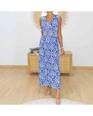 Robe longue femme Athéna bleu et blanc avec décolleté croisé