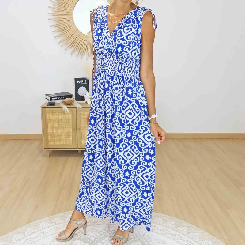 Robe longue d'été Athéna bleu et blanc taille unique du 36 au 46 plus