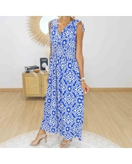 Robe longue d'été Athéna bleu et blanc taille unique du 36 au 46 plus