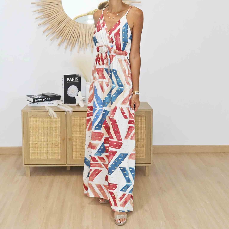 Robe longue Calista blanche corail bleu à motifs dorés
