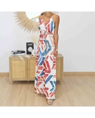 Robe longue Calista blanche corail bleu à motifs dorés