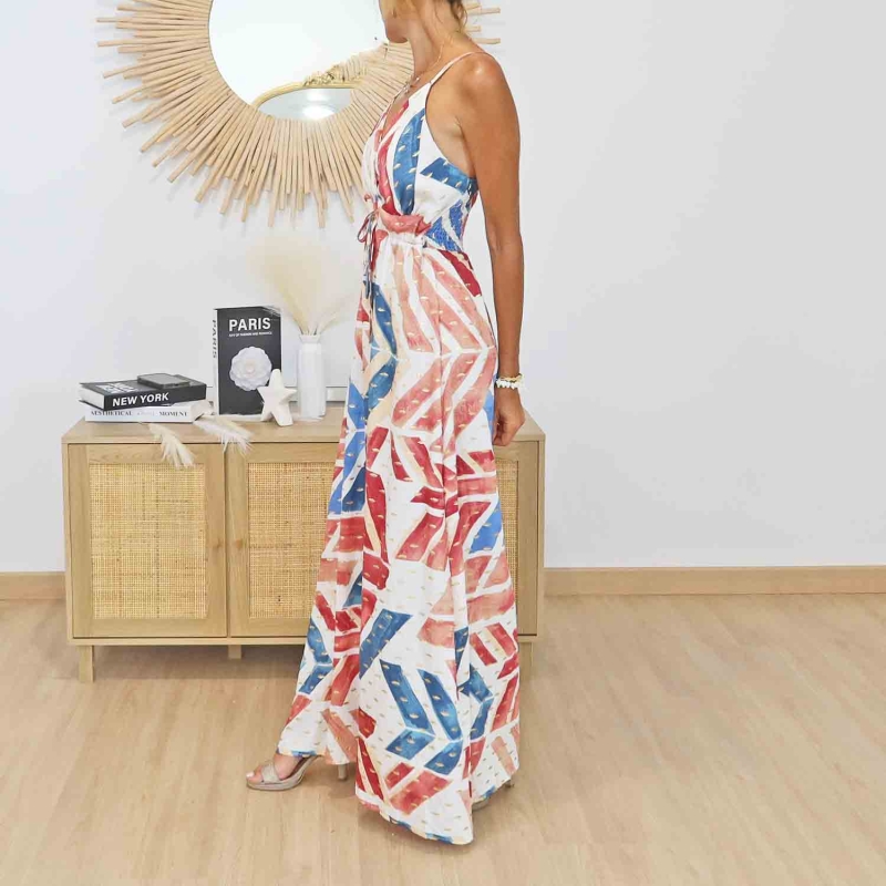 Robe longue fluide blanche corail bleu bretelles réglables