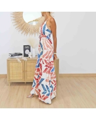 Robe longue fluide blanche corail bleu bretelles réglables