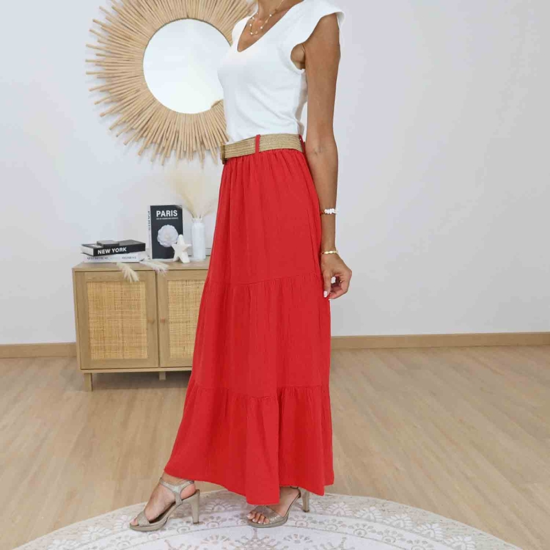 Jupe longue rouge femme avec taille élastiquée Ashley