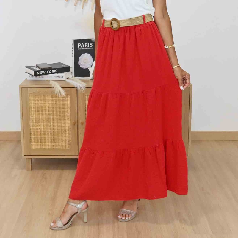 Jupe longue fluide rouge en coton pour femme