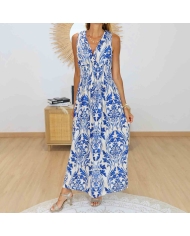 Robe magique longue bleu roi et beige Élora vue de trois quarts
