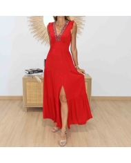 Robe longue rouge Isis en crêpe de viscose vue de profil