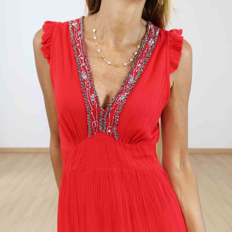 Robe longue rouge élégante en viscose avec taille cintrée