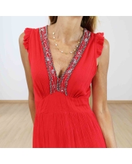 Robe longue rouge élégante en viscose avec taille cintrée