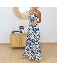 Robe longue bleu marine et blanc écru Riviera portée de face