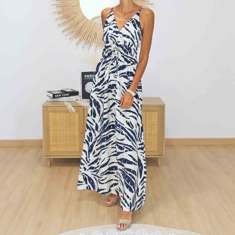 Robe longue en viscose bleu marine blanc et doré pour femme