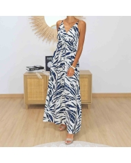 Robe longue en viscose bleu marine blanc et doré pour femme