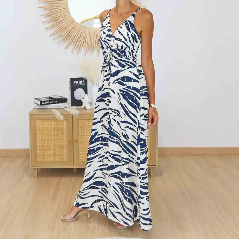 Robe longue d’été à motif graphique bleu marine et doré