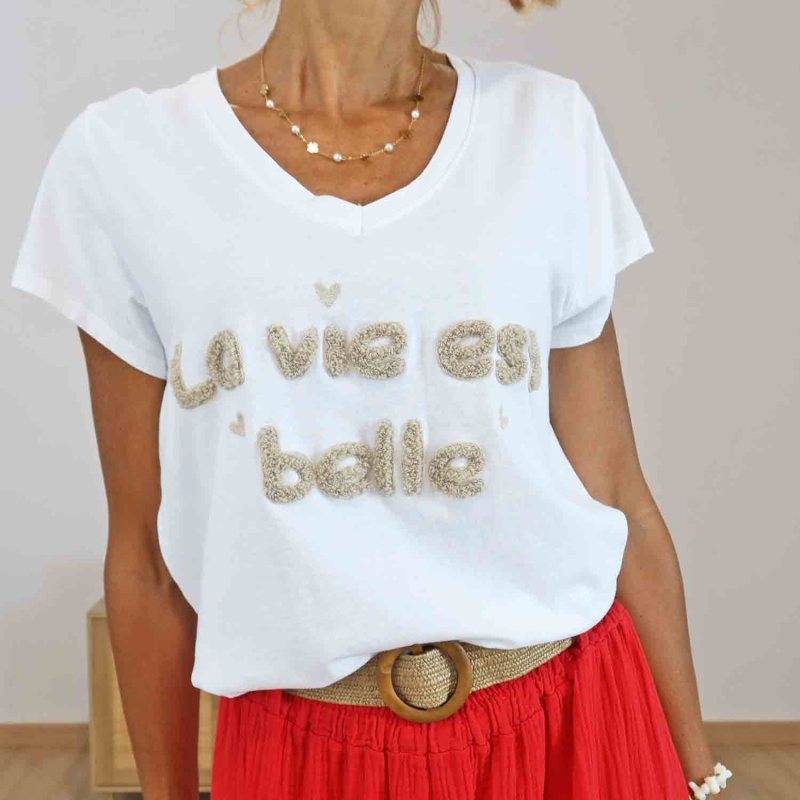 T-shirt blanc femme La vie est belle en bouclette beige