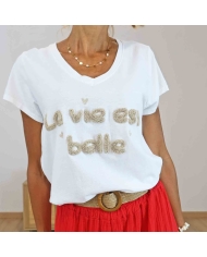T-shirt blanc femme La vie est belle en bouclette beige
