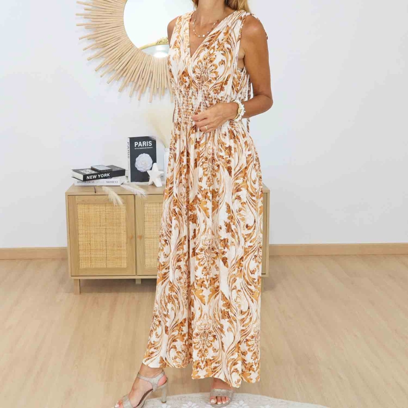 Robe magique imprimé baroque caramel et écru pour femme