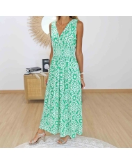 Robe longue fluide verte et blanche pour femme