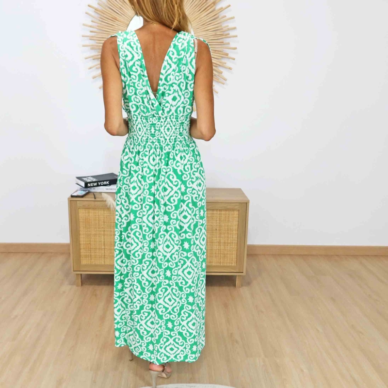 Robe longue Athéna verte avec décolleté V croisé dans le dos