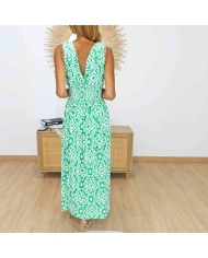 Robe longue Athéna verte avec décolleté V croisé dans le dos